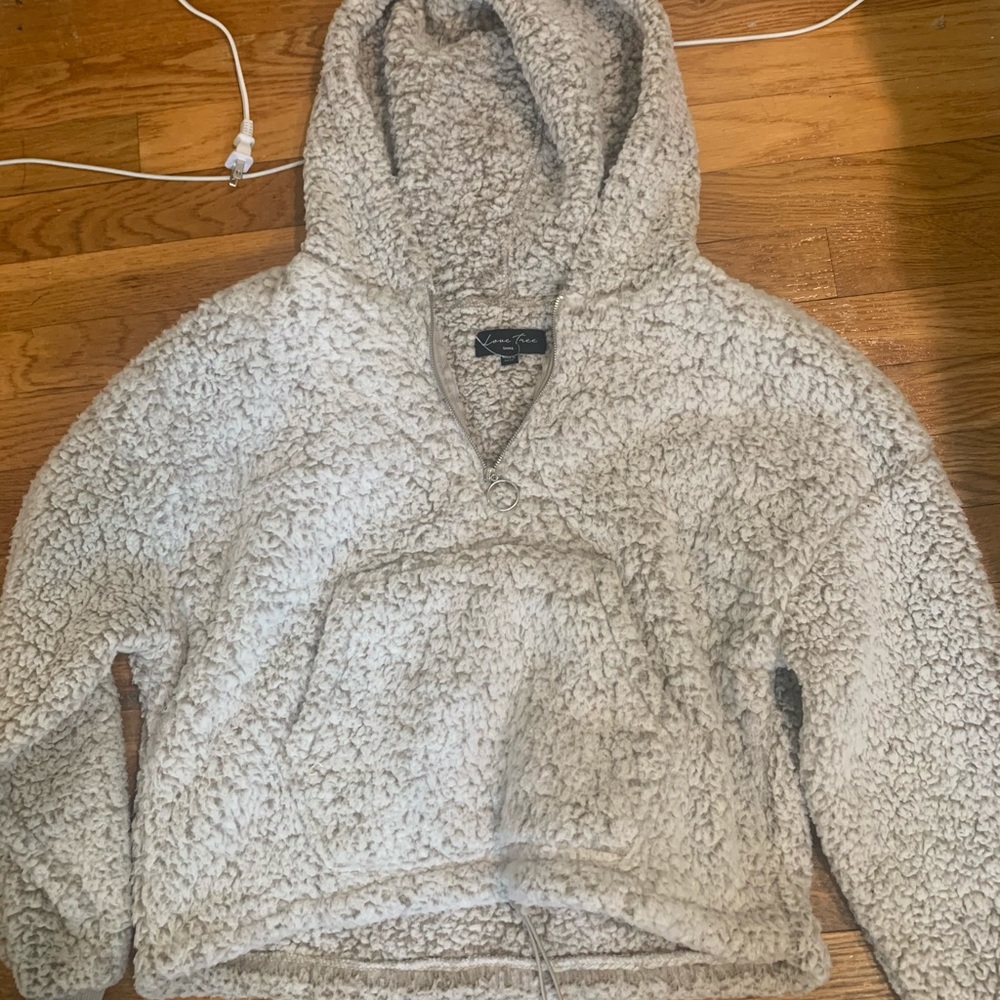hooded fleece, kinda cropped, zip up hoodie
